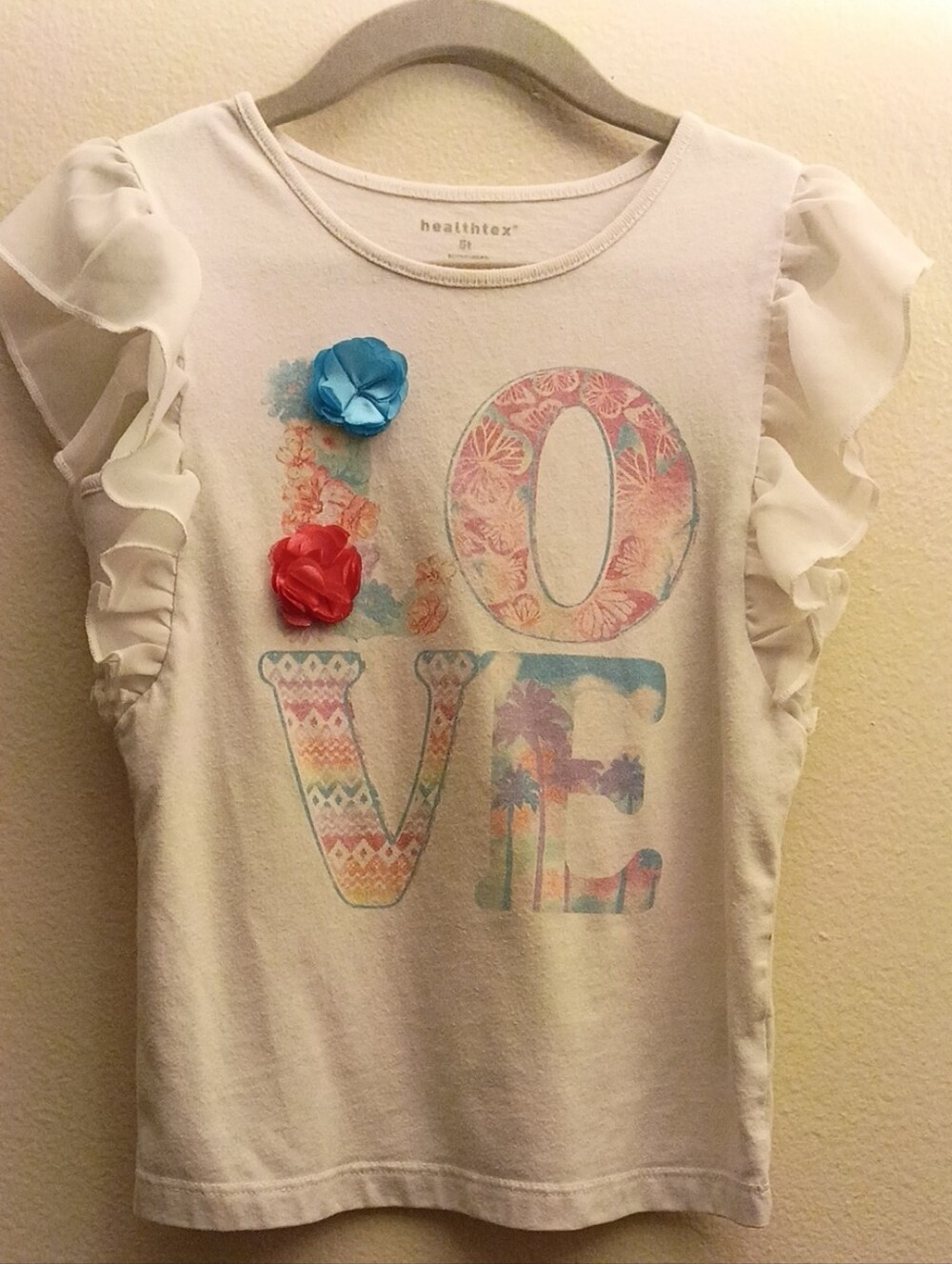 5T Girls' 'LOVE' Ruffle Sleeve White Tee with Floral Appliqués